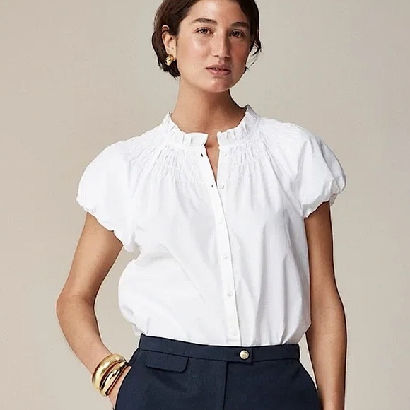 NEW J Crew Smocked Neck Button Up Short SleeveTop Puff Sleeves Black Size Large - Picture 7 of 7